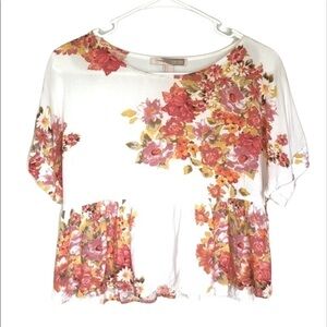 2/$15 Forever 21 White Floral Peplum Top Size S Pink Yellow Short Sleeve Blouse